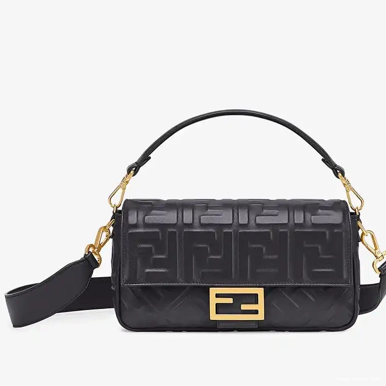 Affordable Medium Nappa Fendi Motif Leather FF Bag Baguette In Black 0605